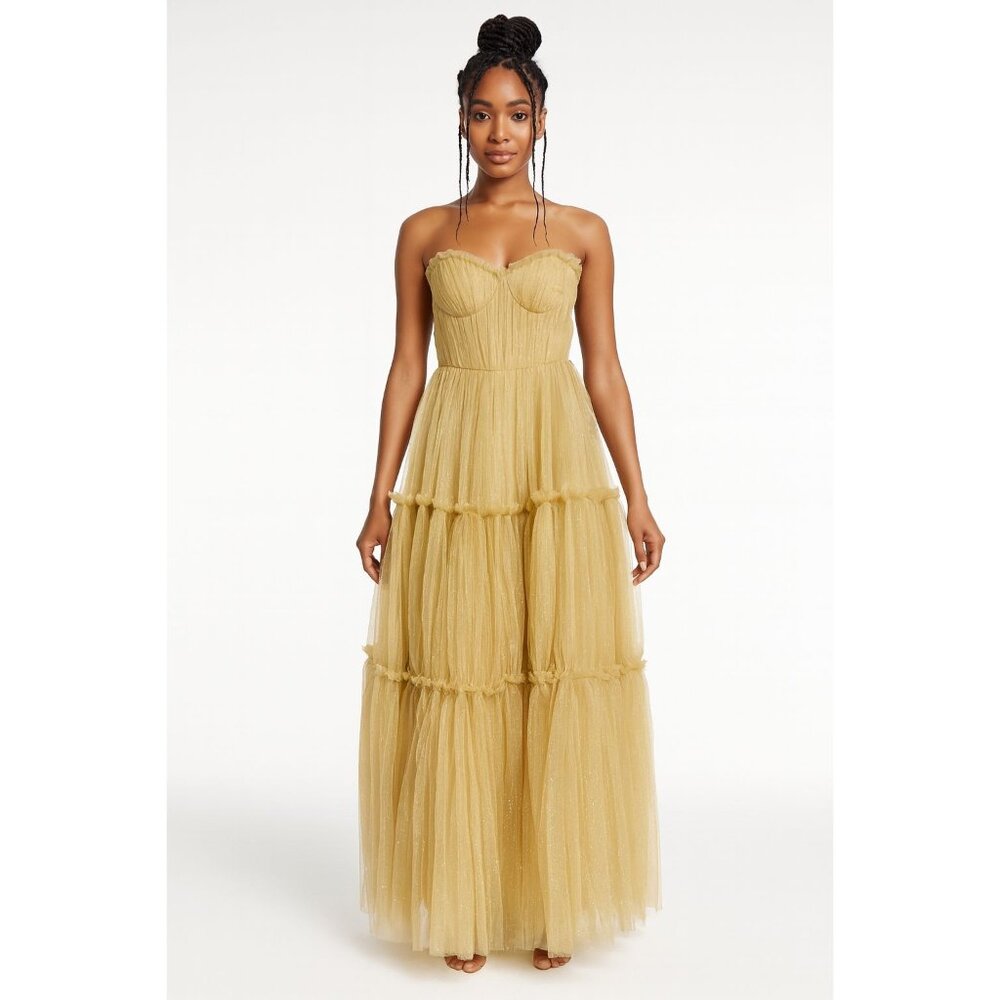 BRIDESS Dress New Tiered Tulle Strapless Sparkly Prom Gold Gown size 2